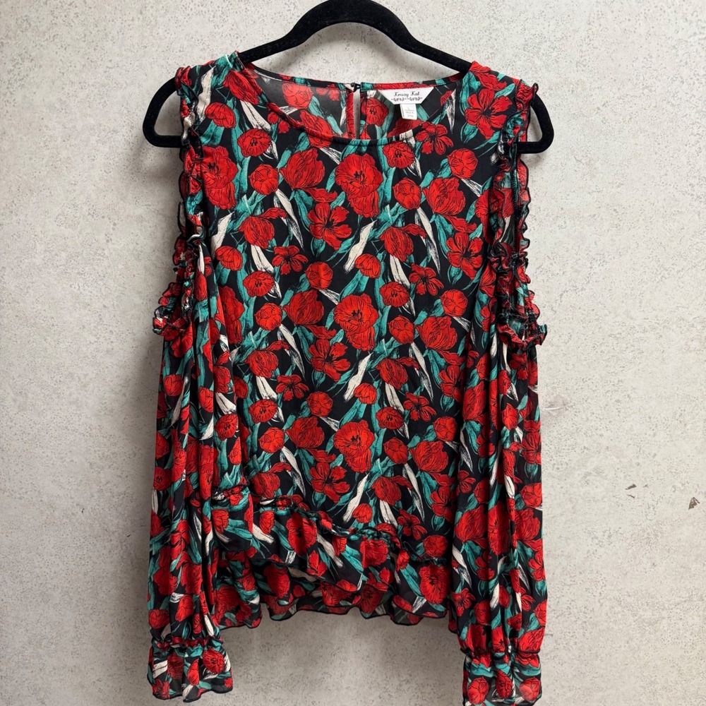 Krazy Kat L Women Red Black Poppy Cold Shoulder Ruffle Boho Floral‎ Print Top